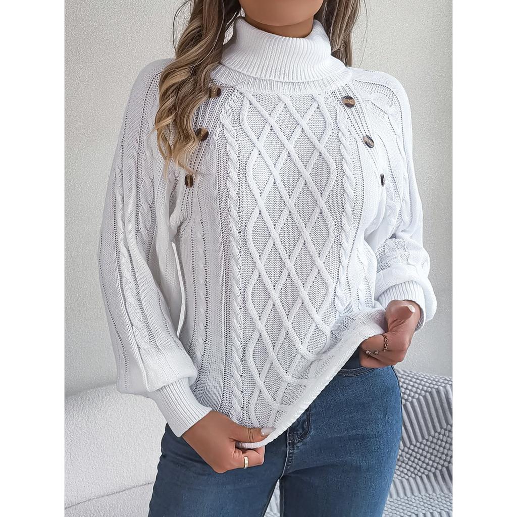QICED Autumn and Winter Casual Solid Color Button Twist High-neck Lantern Sleeve Pullover Sweater Women's Wear