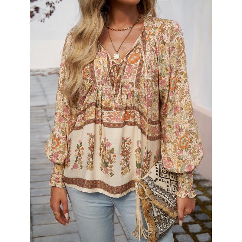 

Богемний топ з V-подібним вирізом, зав язками та принтом, з довгими рукавами, для жінок. Весна/Літо 2025. L абрикосовий