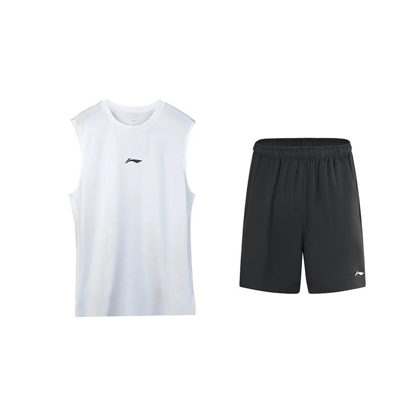 Li Ning Versatile Solid Color Round Neck Vest Quick Dry Mid Waist Five Point Shorts Casual Sports Set Unisex Sets YWBV053-1