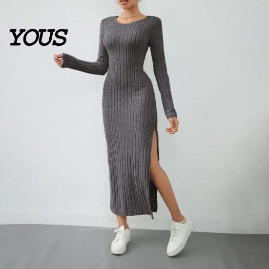 Daily Wear Autumn Dresses Women Round Neck Knitted Dress, Long Sleeve Pullover Sweater Formal Work Solid Color Stretchy Split Bodycon Dress for Winter