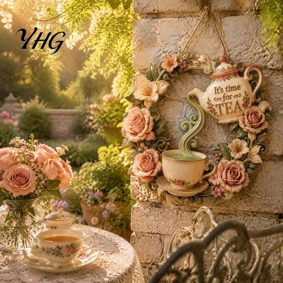 Rust Resistant Garden Decorations It's Time for Tea Door Sign, Metal Floral Wreath Hanger with Teapot Teacup Design, Decor Rustic Wall Kitchen Dining