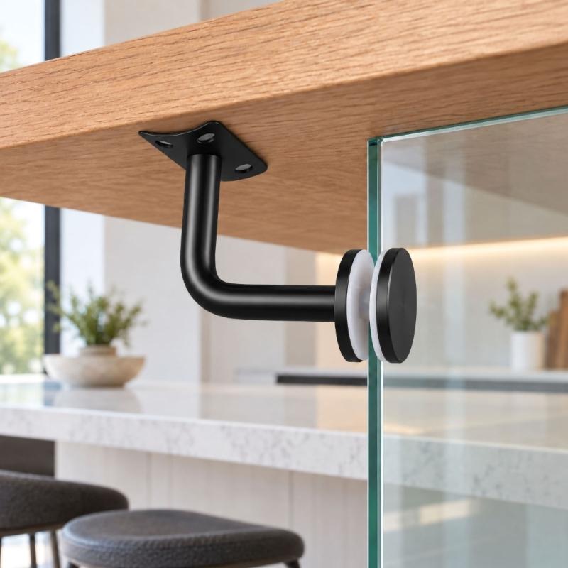 2-Piece Glass Support Hardware Set for Stair Rail, Featuring a Black Finish and Fixed-Plate Form for Mounting Tasks