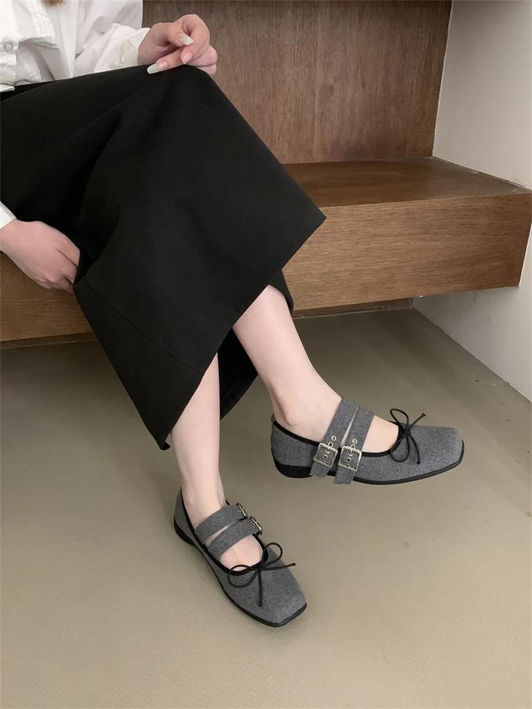 Fashion IPPEUM Velvet Mary Janes Shoes Women Ballet Flats Square Toe Rose Red Buckle Ballerinas Zapatos Mujer