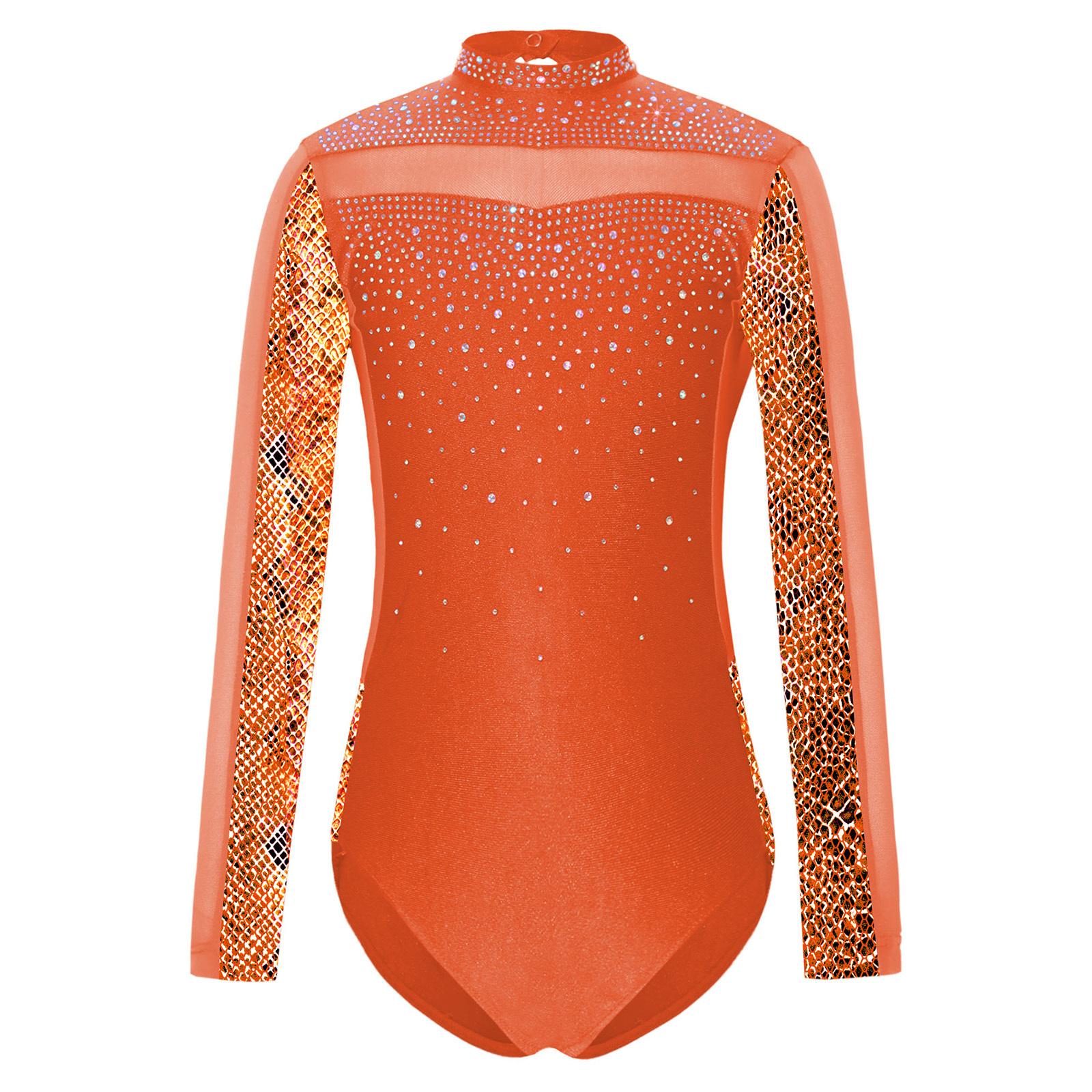 

Girls Sparkly Rhinestones Long Sleeve Gymnastics Leotard Patchwork Design Printed Backless Bodysuit 5-6 Years помаранчевий
