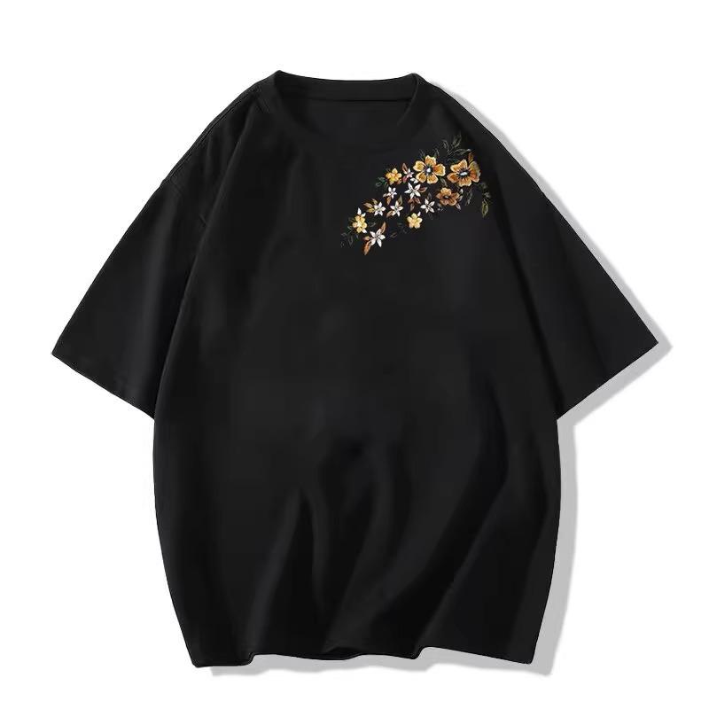 Black Cotton Short-sleeved T-shirt Women's New Summer American Loose Front Shoulder Design Half-sleeved T-shirt Top