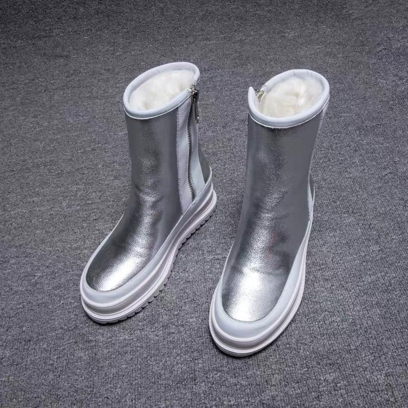 Fashion Snow Boots New Women's Winter Shoes Thick Sole Plaforms Ankle Botas Round Toe Thick Plush Warm Cotton Shoe Side Zip Silver Black