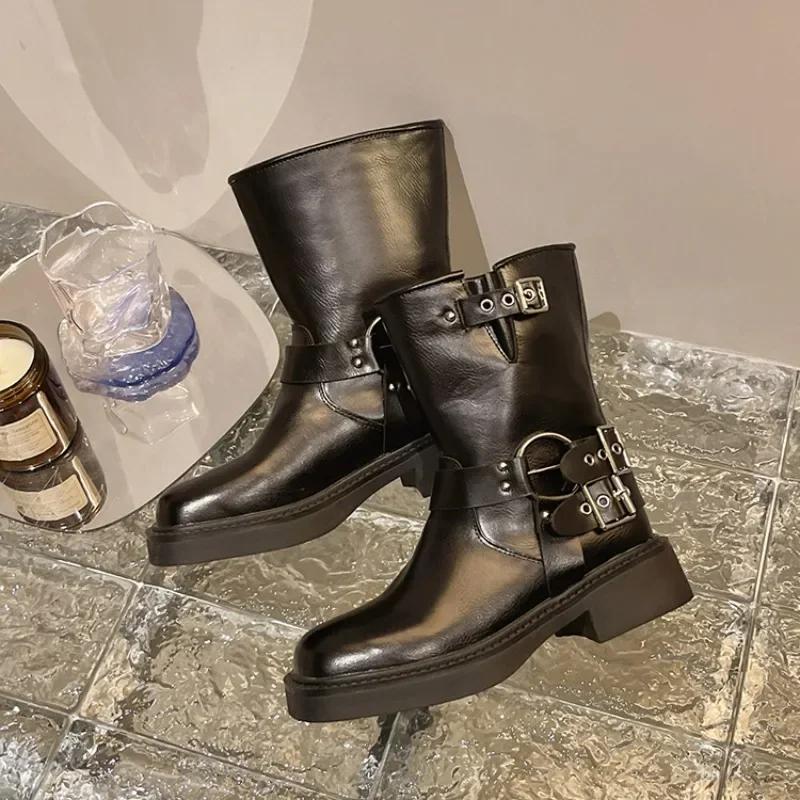 Women Platform Shoes  Simple Retro Western Cowboy Boots Square Toe Thick Heel Soft Soled Comfortable Knight Biker Boots