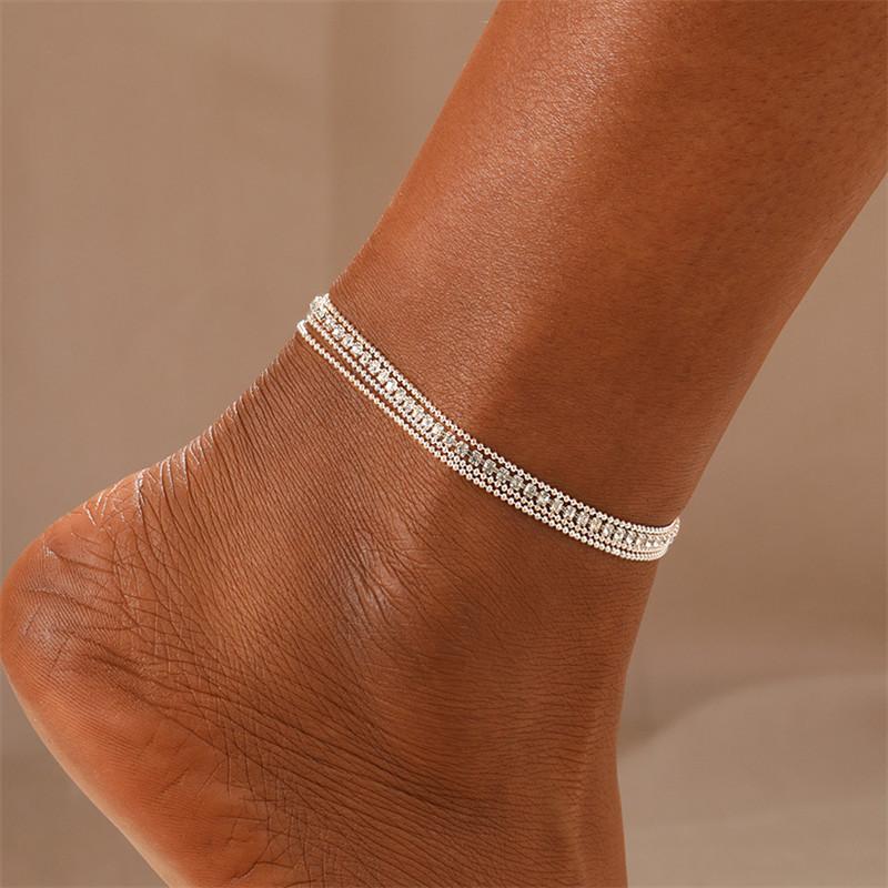 Multi Layered Ankle Chains Summer Beach Ankle Chains Street Photos Metal Chains Round Bead Chains Sparkling Diamond Ankle Chains
