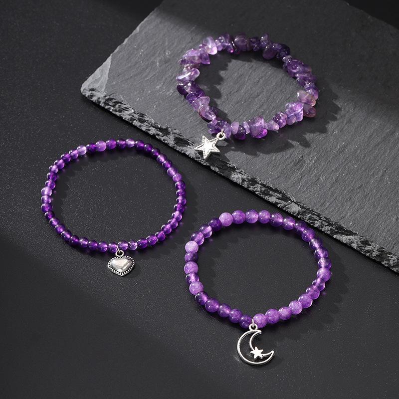 Gravel stone beads three-piece label bracelet simple new star moon pendant elastic rope bracelet