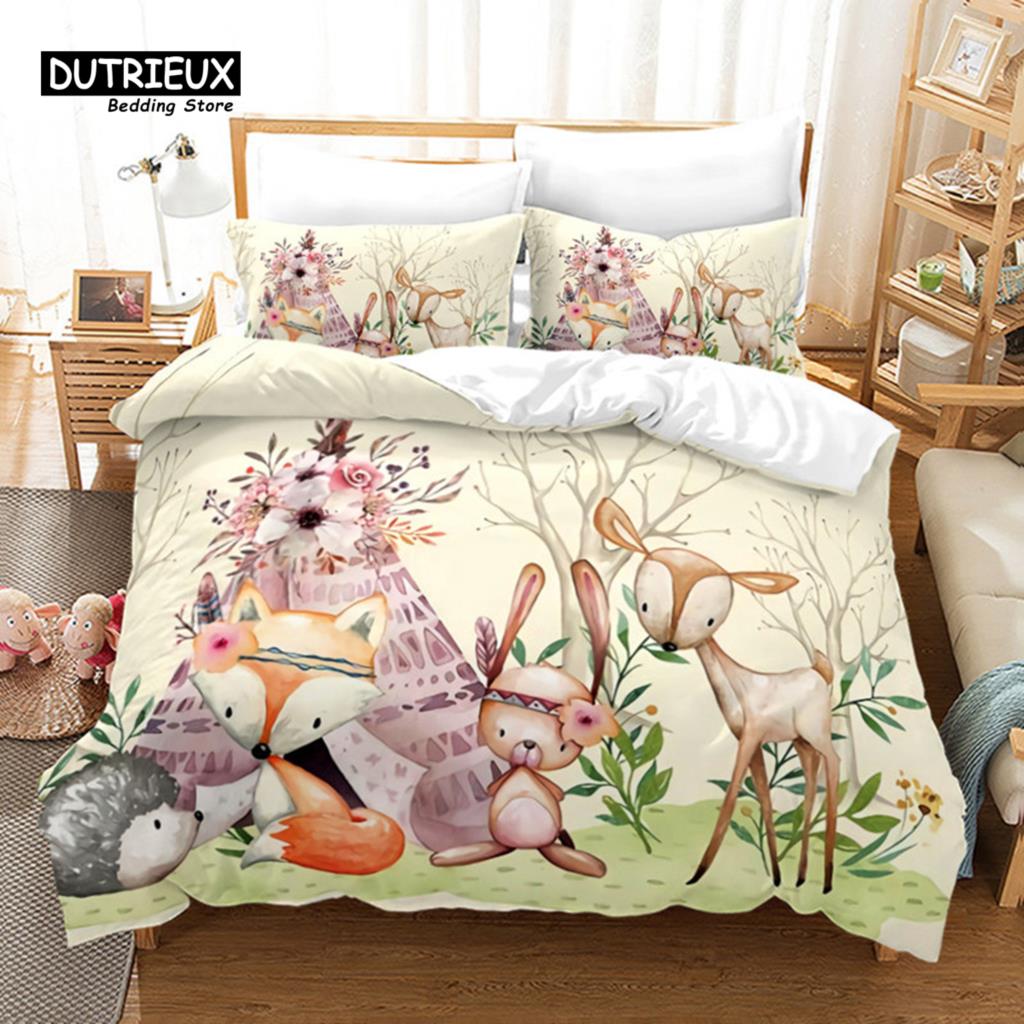 Kids Cartoon Fox Duvet Cover Microfiber Bedding Set Lovely Animal Theme Comforter Cover King For Kids Adults Girls Bedroom Decor