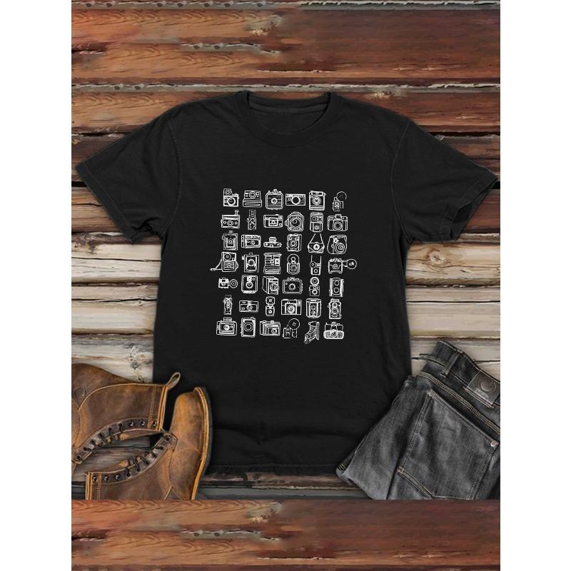 Pattern Funny Retro Camera Larger Size Spring And Summer Style Men'S Fashionable Casual Printed Short-Sleeved, Comfortable And Breathable
