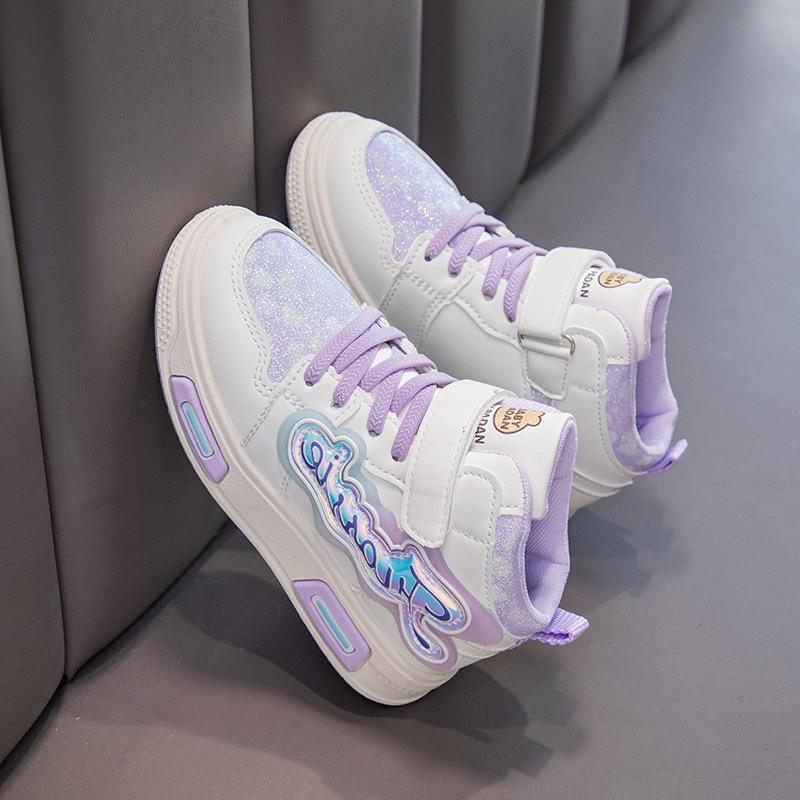 Girls' Sneakers Leather Spring and Autumn All-match Children's Mid-top Casual Soft-soled Running Shoes