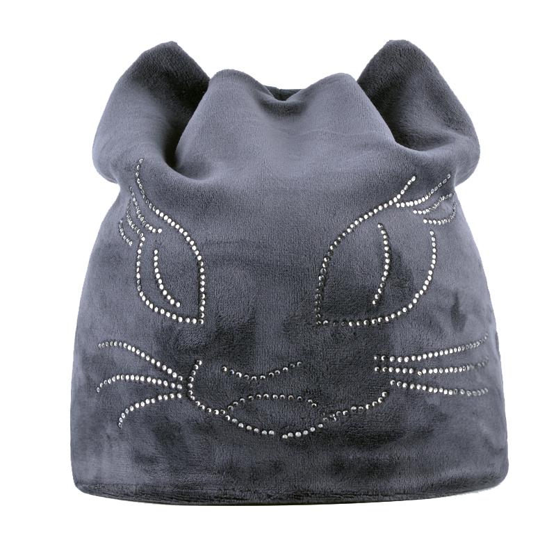 Winter Beanie Hats For Women Cut Hat With Rhinestone Cat Pattern Beanie with Ear Velvet Hat For Girl