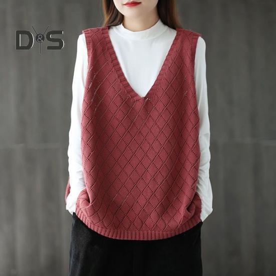 Πλεκτό πουλόβερ γυναικείο γιλέκο άνοιξη φθινοπώρου Ρετρό V λαιμόκοψη Φαρδύ αμάνικο μονόχρωμο πουλόβερ με κούφια υφή ρόμβου καθημερινά μπλουζάκι