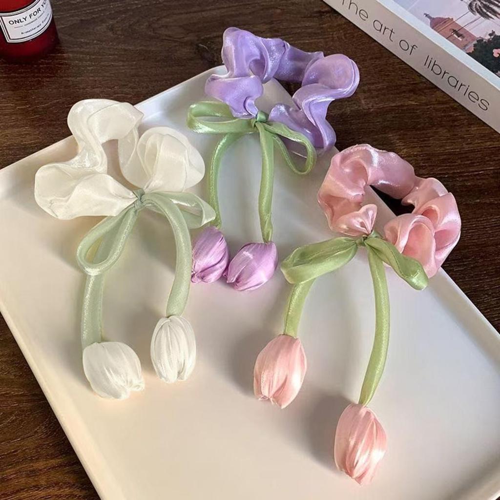 Cute Tulip Flower Large Intestine Scrunchie for Girls Sweet Head Ornament Headband Ribbon Hair Tie Fashion Hair Accessories