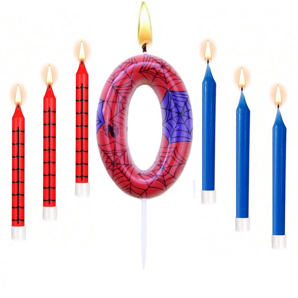 7pcs Red Blue Spider 8th Birthday Number Candles, Number 0-9 Candle Cake Topper Decorations for Spider Cartoon Themed Parties