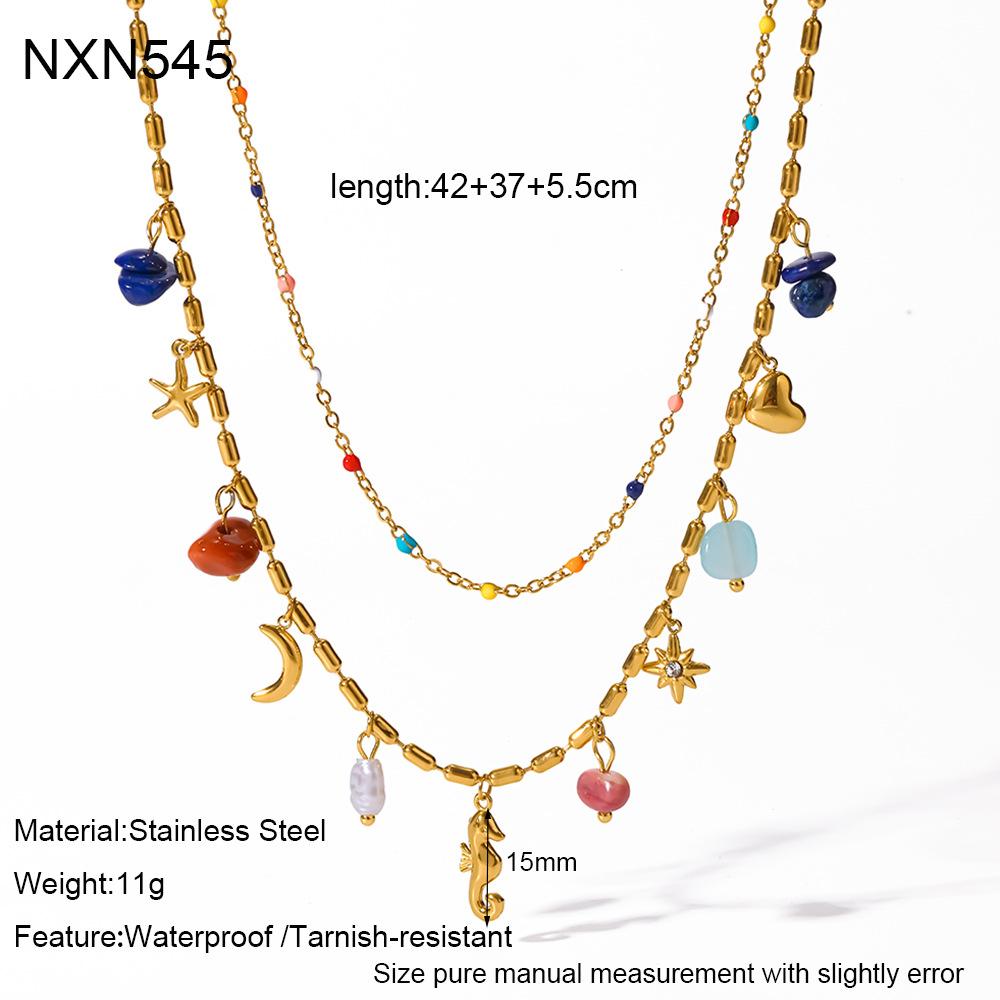 European and American holiday style stainless steel colored natural stone double-layer stacked necklace female seahorse starfish fringed pendant
