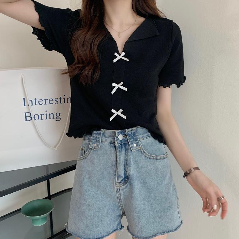 

Summer Bm Style Short Slim Design Bow Tie Wooden Ear Edge Lapel V-neck T-shirt Tops Casual Summer Essential Comfort and Style Slim Fit Pullovers Tees One Size чорний