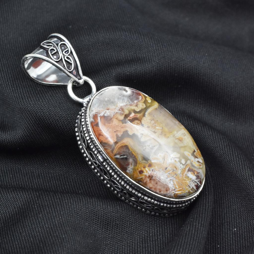 Lace agate Oval Cut 78.80 Ct Pendant Healing Stone 925 Silver Gemstone SD-01-S