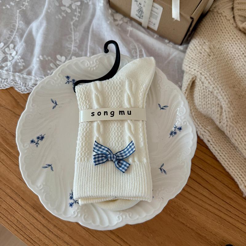 Songmu Southern French Bow "Boneless Socks Medium Socks Korean Bow Broken Flower Pile Cotton Socks