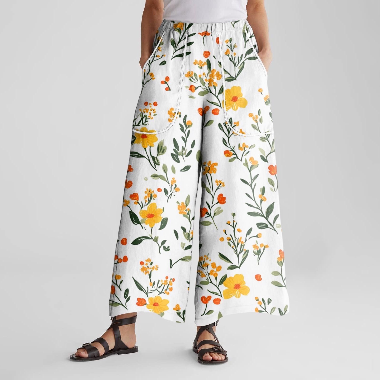 

Women s Wide Leg Pants With Elastic Waistband Printing Large Pockets Patchwork Edge, Loose Pants S бежевий