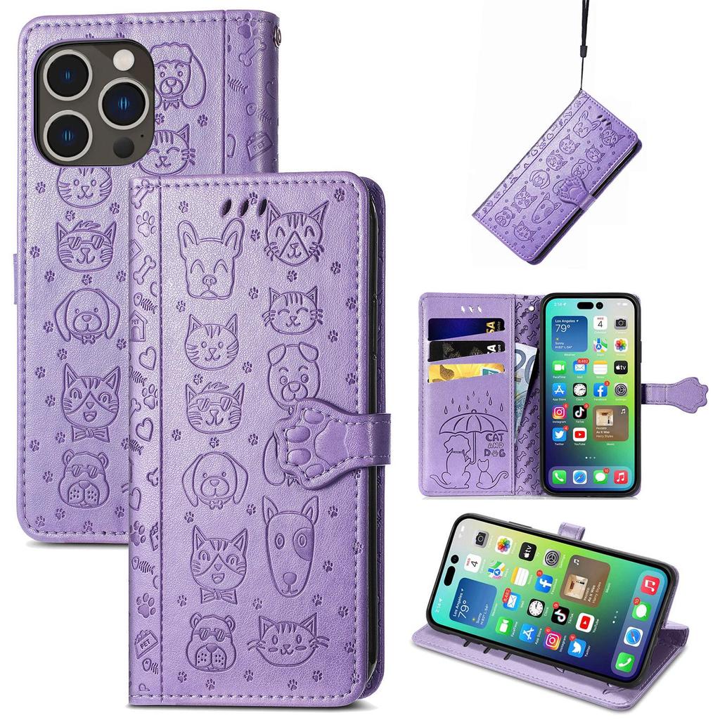 iPhone 16 Flip Leather Case - PU Embossed Cat Dog Design - Compatible with Apple 15