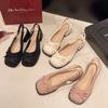 Summer 2025 new sweet small square head thick heel bow bag head sandals femininity rear strap women's shoes