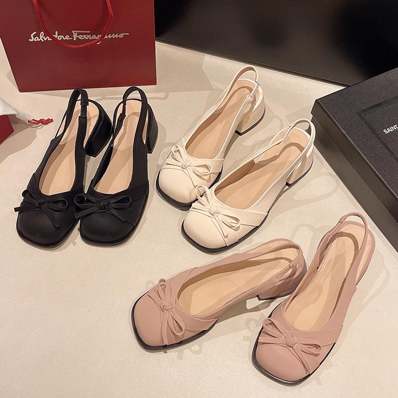 Summer 2025 New Sweet Small Square Head Thick Heel Bow Bag Head Sandals Femininity Rear Strap Women's Shoes