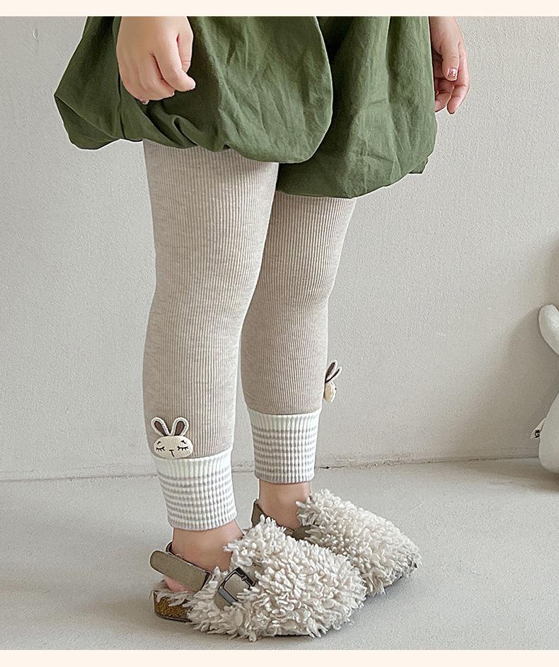 Girls' Velvet-Lined Fleece Leggings - Medium-Thick, Striped Rabbit Design for Winter