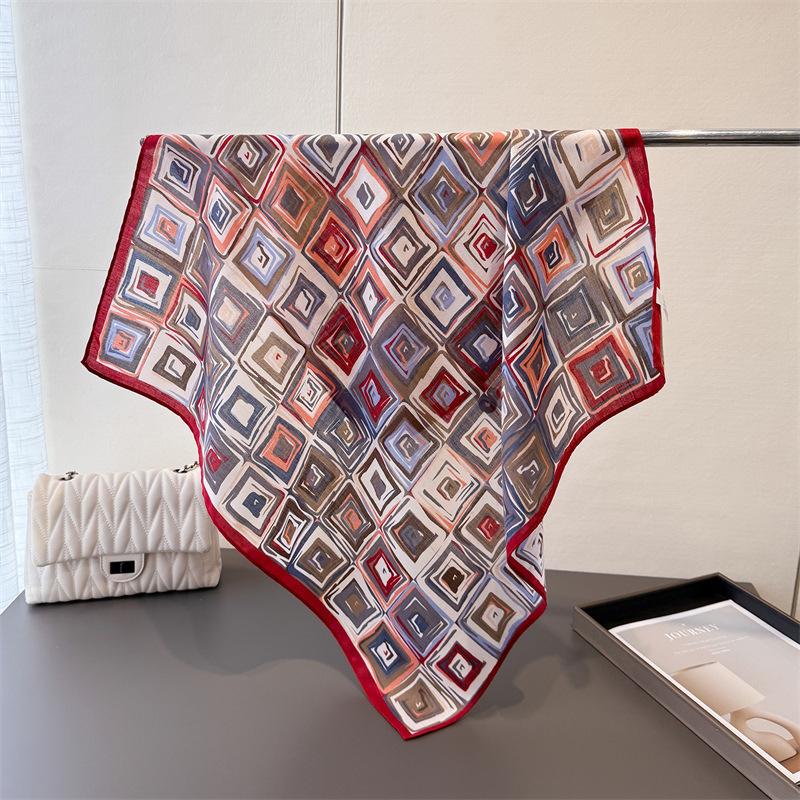 Geometric style herringbone pattern cotton and linen small square scarf silk scarf imitation velvet headscarf shawl sun protection scarf women's scarf