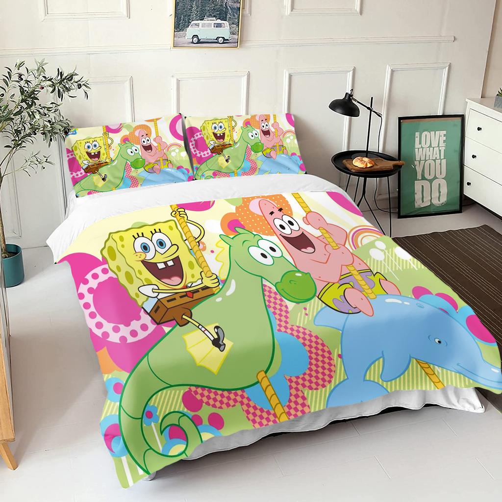 SpongeBob SquarePants Bedding Set Cartoon Duvet Cover Pillowcase for Kids Teens Bedroom Home Decor Christmas 2/3Pcs