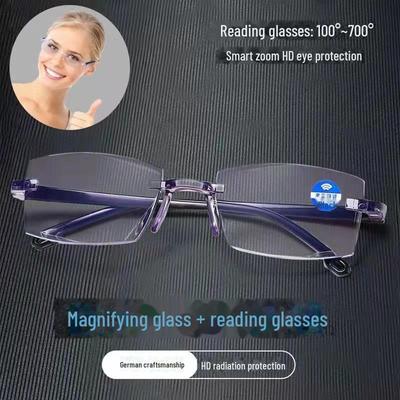 Occhiali da Lettura con Zoom Intelligente: Auto-regolazione per Vicino e Lontano, Protezione HD dalla Luce Blu, Ideale per Mezza Età e Anziani con Piccolo Design a Punti Arancioni.
