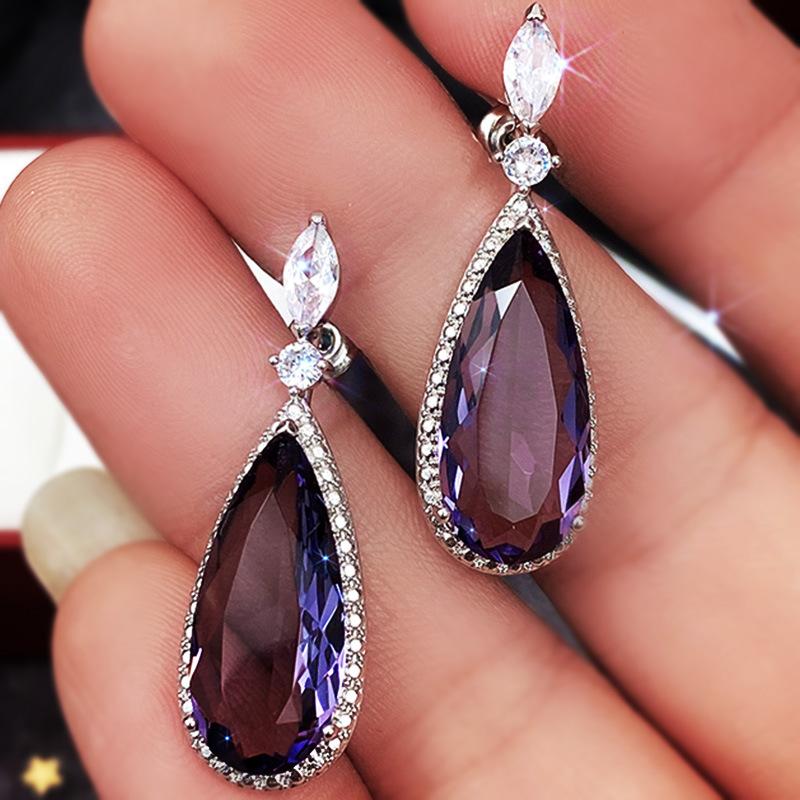 Silver Halo Purple Teardrop CZ Dangle Earrings Marquise Top Tanzanite Color Crystal Drop Earrings Women Luxury Wedding Jewelry