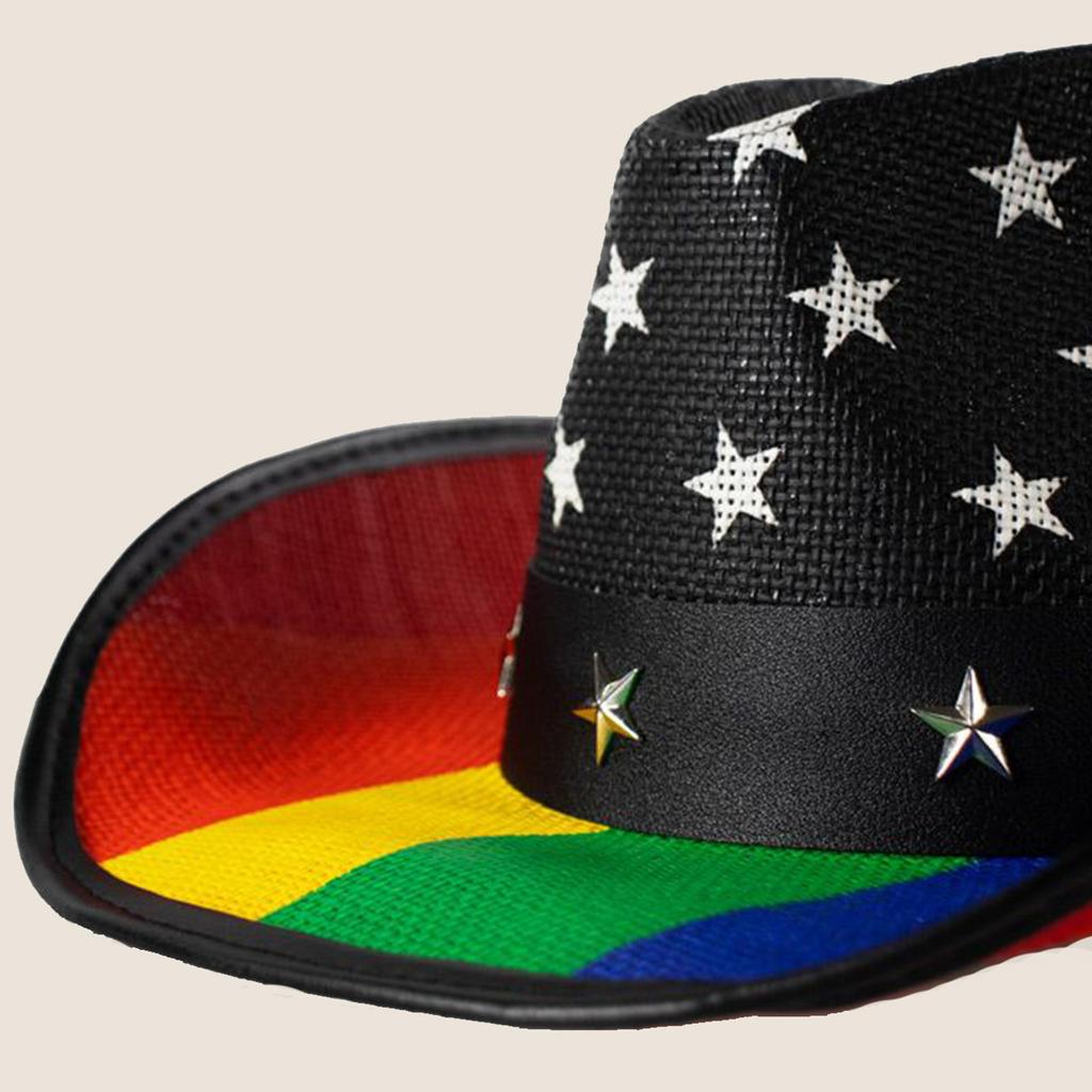 Homburg Cowboy Hats with Exotic Belt Star Trim Knight Hat Straw Top Hat Rainbow Porkpie Hat for Boy Men Straw Hat