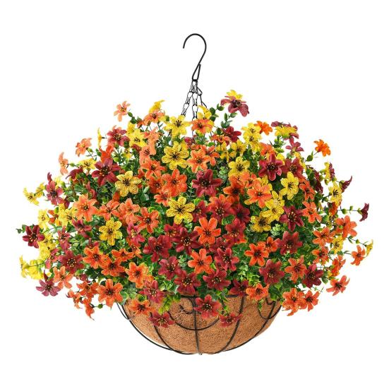 Yousheng Artificial Hanging Flowers Basket UV Resistant Outdoor Fake Hanging Plants Colorful Faux Silk Flowers Eucalyptus In Basket for Porch Patio