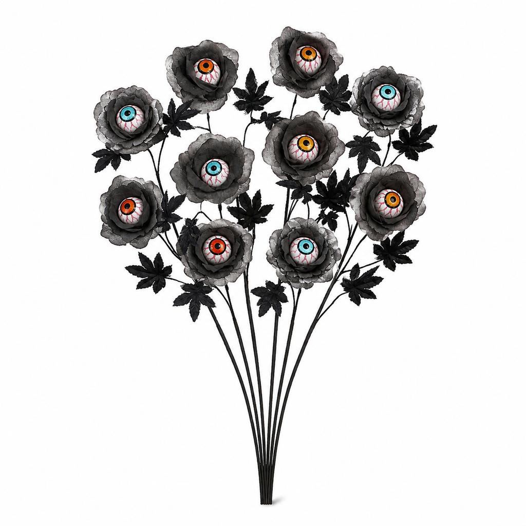 Halloween Eyeball Flower Stem, 50cm Gothic Black Rose Branch with 2 Eye Blooms for Vase Party Table Decor
