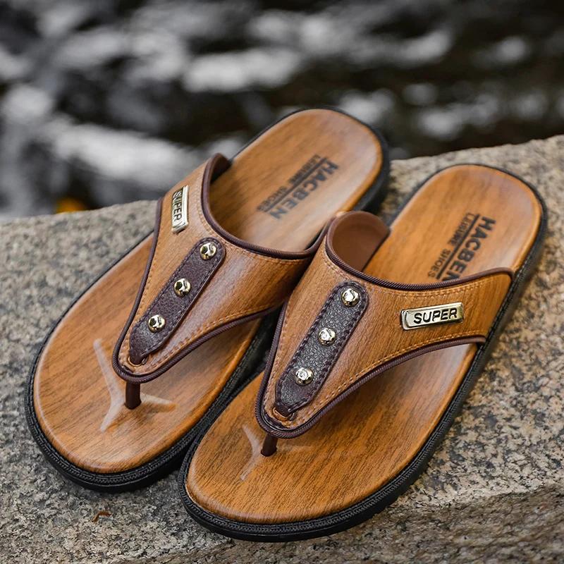 Fashion Men Flip-flops Sandals Summer Handmade Leather Slippers Trendy Fashion Outdoor Breathable Comfortable Men and Simple Sandals