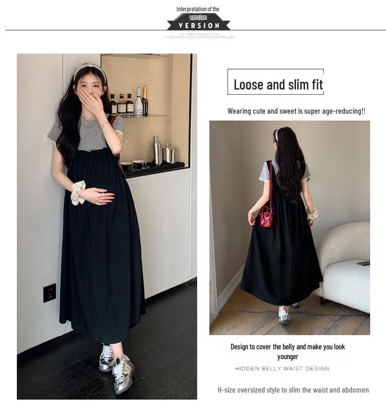 Summer 2026 Maternity Elastic Pleated Strap Dress & Lace Patchwork T-shirt Set