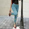 Women's Slim Pants with Retro Floral Print and Side Slit Design - Black