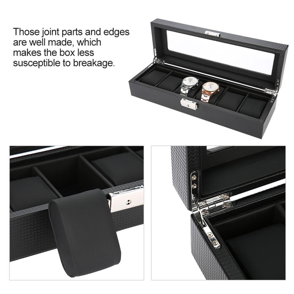 Watch Gift Box, 6 Grid PU Carbon   Lther Watch Case Watch Box