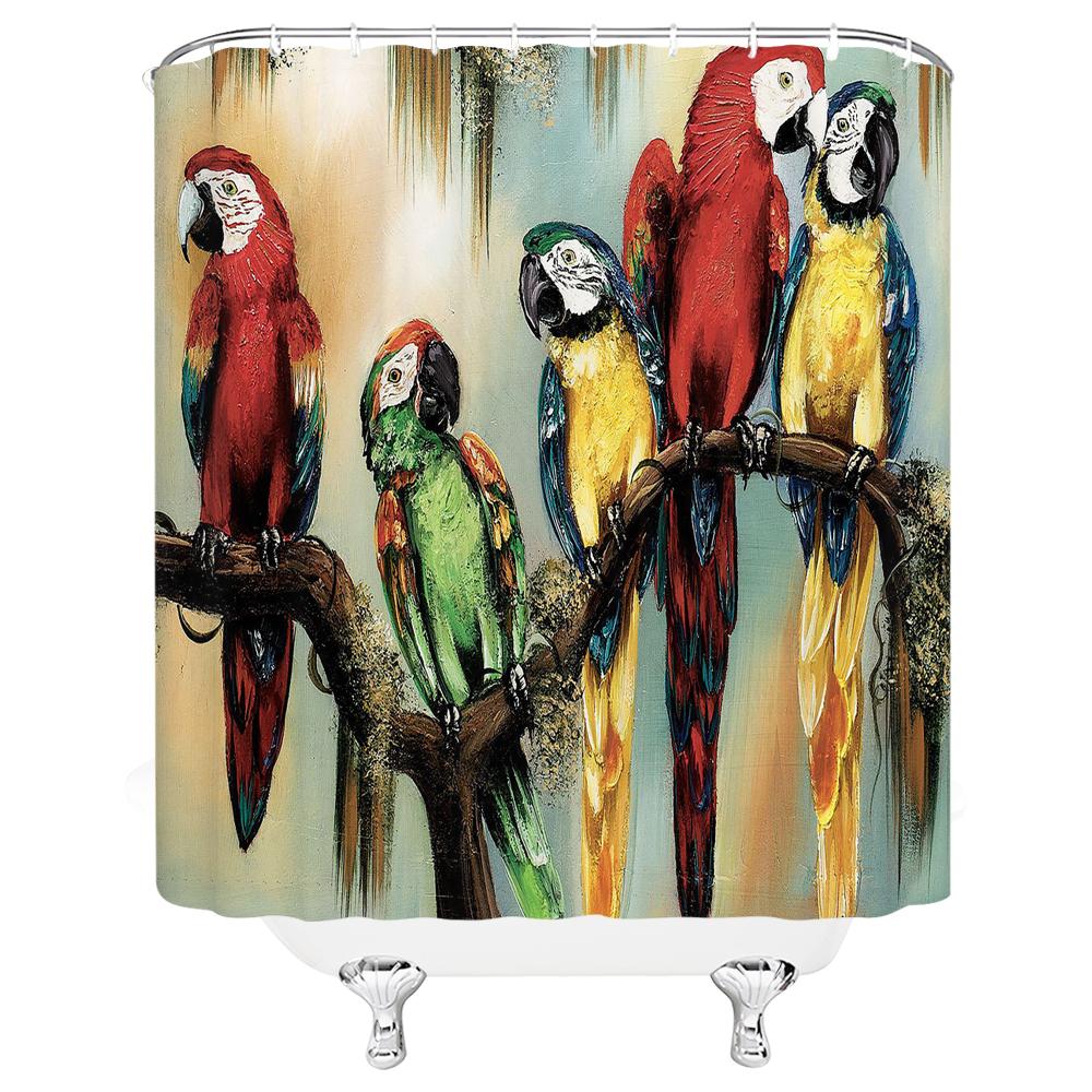 Colorful Birds Parrots Shower Curtain With 12 Hooks Waterproof Polyester Fabric Bath Bathroom Curtain Home Decor, 9 Size