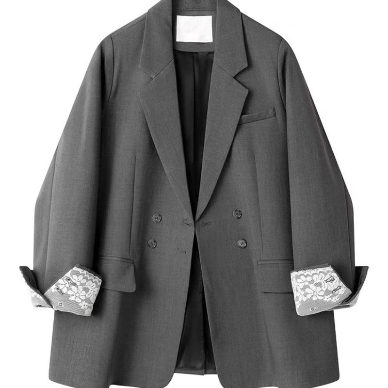 Women Double Breasted Blazer With Lace Cuff Detail S серый