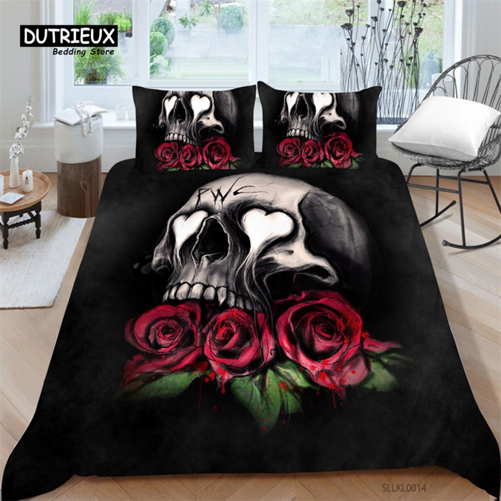 Sugar Skull Duvet Cover Gothic Skull Skeleton Bedding Set Horror Theme Comforter Cover Full King For Teens Adults Bedroom Decor