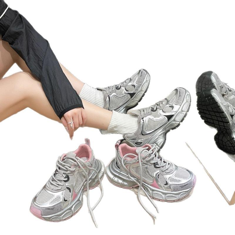 Red and green thick-soled heightening dad shoes women's autumn new silver breathable versatile sports and leisure shoes