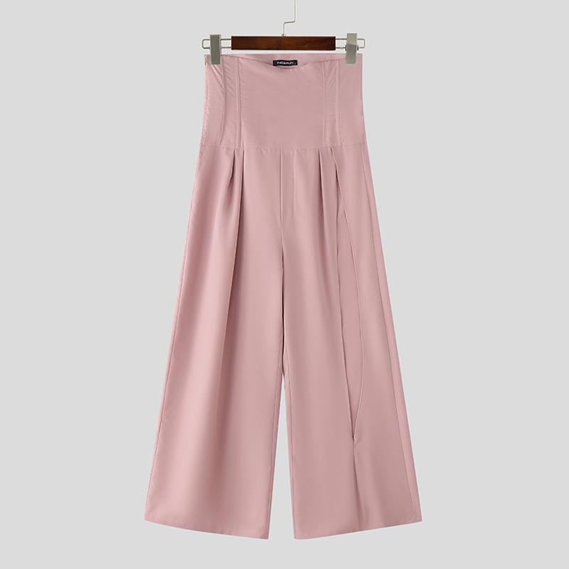 INCERUN Men High Slim Waist Zipper Casual Long Splits Wide Legs Pants Trousers