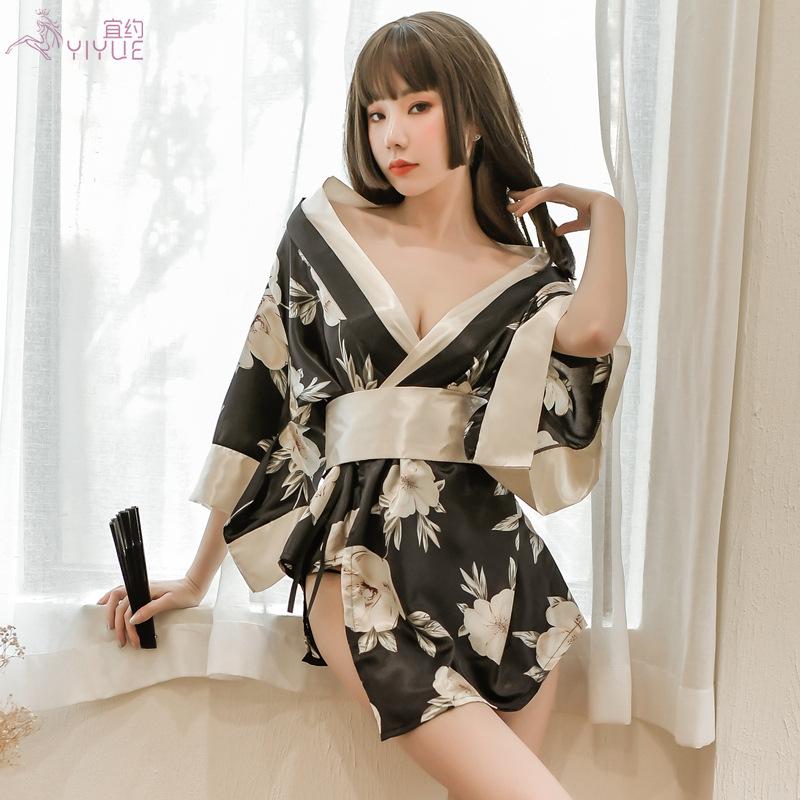 Sexy underwear plus size printed Japanese kimono sexy lace-up bathrobe seduction pajamas uniform set 8091