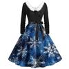 Christmas Print Flare Dress For Women Long Sleeve Dress Hollow Party Casual Dresses