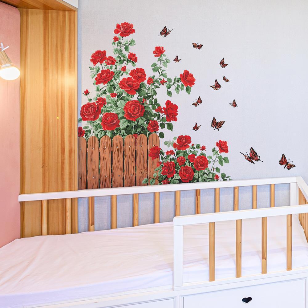 Rozenbloembedhek en Fladderende Vlinder Huis Muurdecoratie Stickers