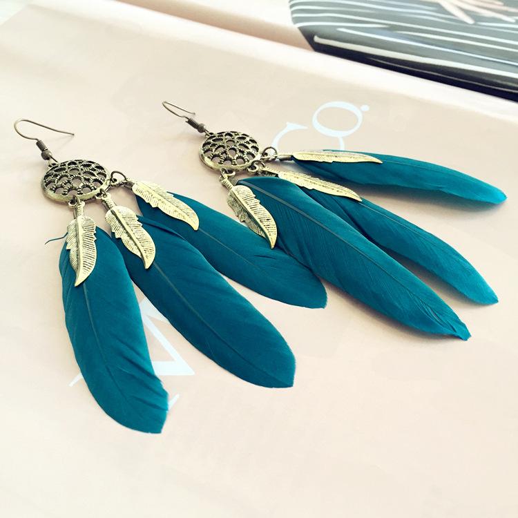 Bohemian vacation wind dream catcher element feather earrings fashion personality elegant fringed long earrings