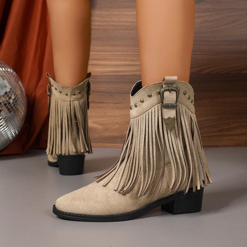 Markowe Kozaki Damskie Jesień 2025 Frędzle Western Stray Kozaki Do Połowy Łydki Szpiczasty Nosek Bohemia Metalowa Dekoracja Botki
